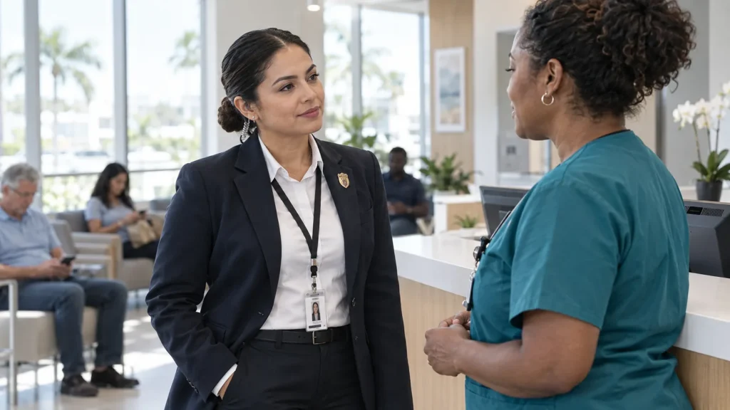 Security officer in a blazer speaking with a nurse in a Miami clinic waiting room