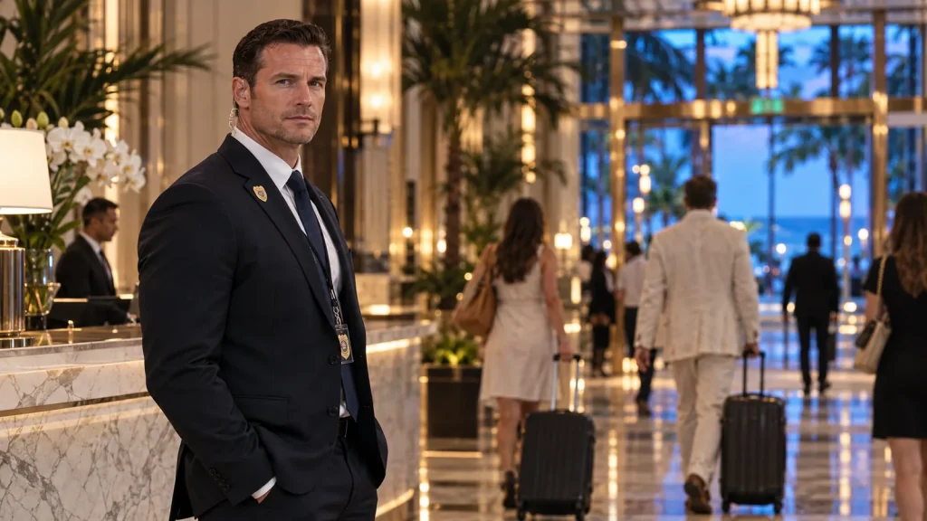 Security officer in a suit in the lobby of a luxury hotel in South Beach, Miami