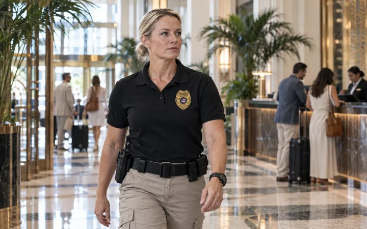 Hotel security officer in an art-deco hotel lobby in Miami Beach