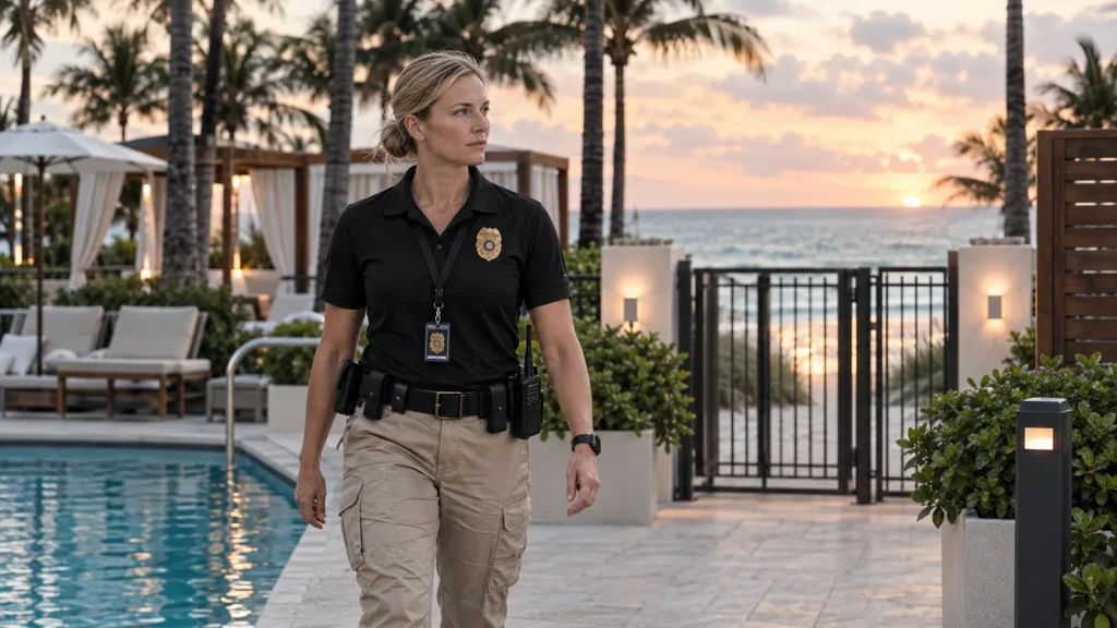 Hotel security officer patrolling a Miami Beach resort pool deck