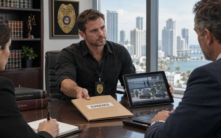 Investigator presenting case findings to an attorney in a Miami law office