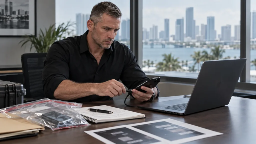Investigator preserving threatening messages as evidence in Miami