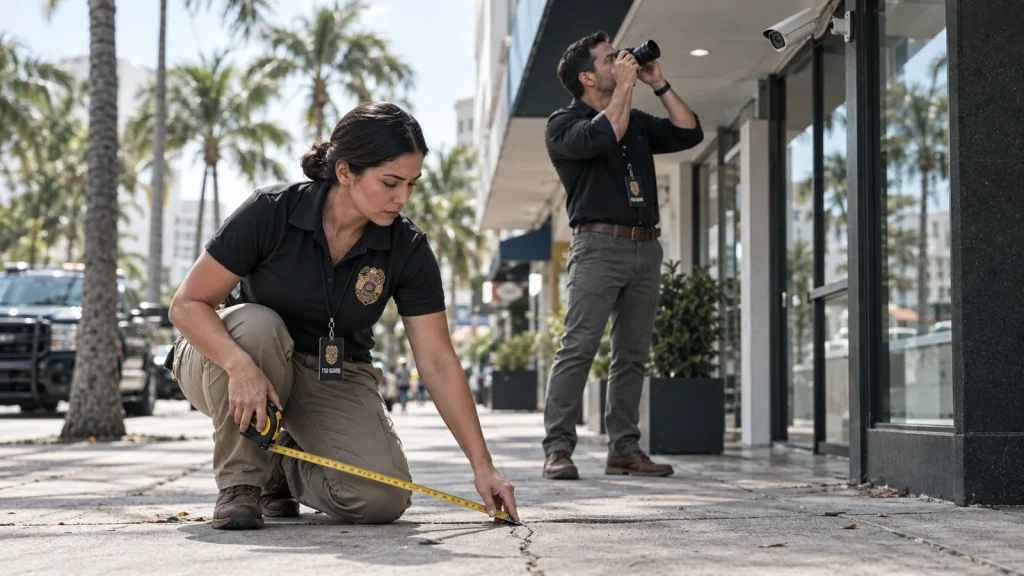 Investigator documenting a scene and locating cameras for an attorney in Miami