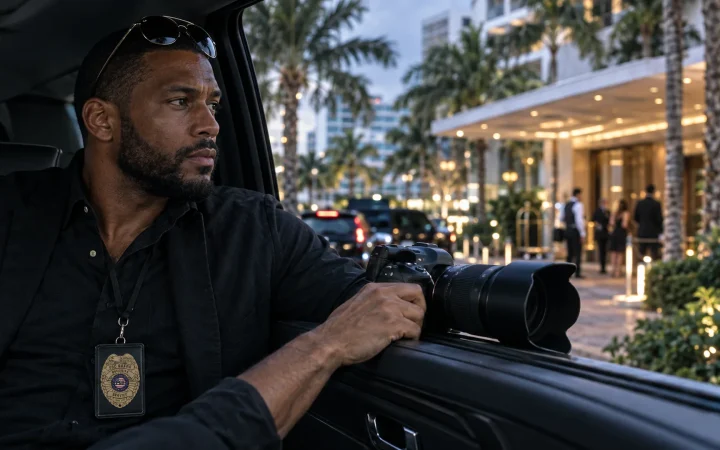 Investigator documenting a hotel entrance in Miami from a vehicle