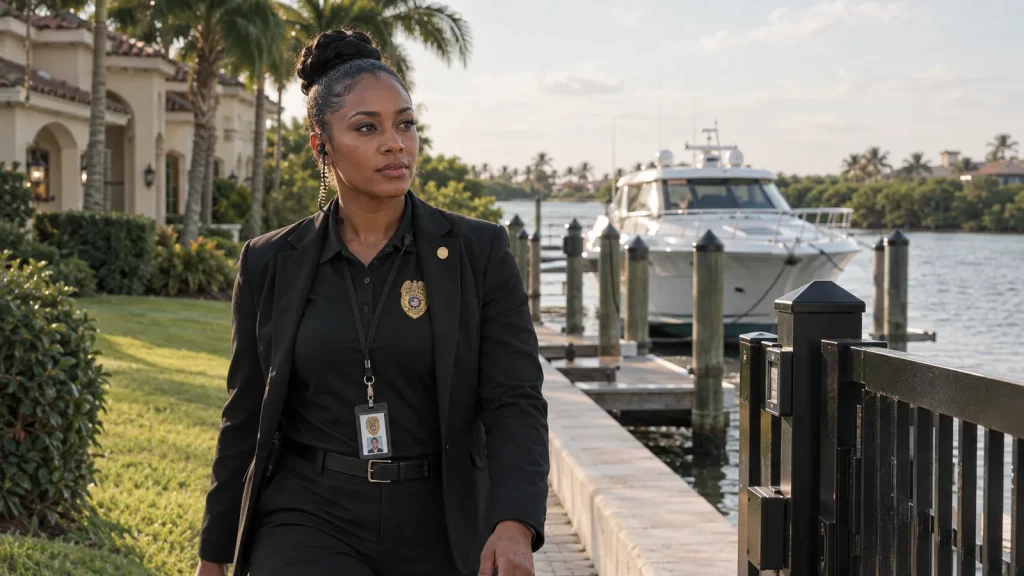 FSO Guard residential security officer checking the dock and seawall of a waterfront estate in Jupiter, FL