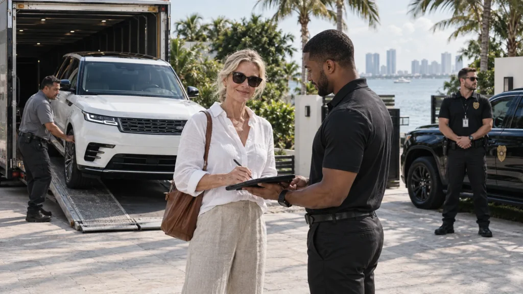 Pre-owned luxury SUV delivered by enclosed trailer to a Miami waterfront home with a Royal Motors Club representative and an FSO Guard officer at the gate