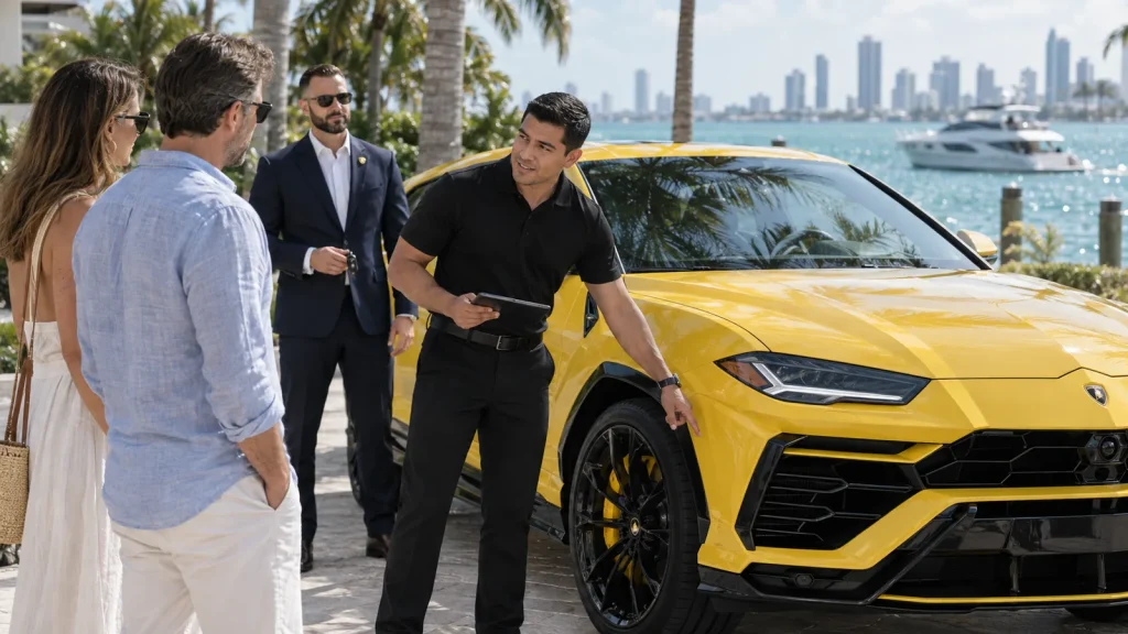 Lamborghini Urus delivered to a Miami Beach villa: walk-around with the rental manager and an FSO Guard security agent Lamborghini Urus delivered to a Miami Beach villa: walk-around with the rental manager and an FSO Guard security agent