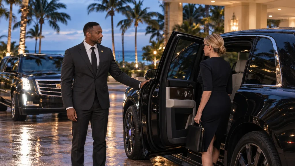 Pugachev Luxury Car Rentals Rolls-Royce Cullinan with an FSO Guard security driver at a Miami Beach hotel