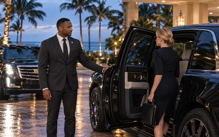 FSO Guard security driver opening the door of a Rolls-Royce Cullinan for a client at a Miami Beach hotel