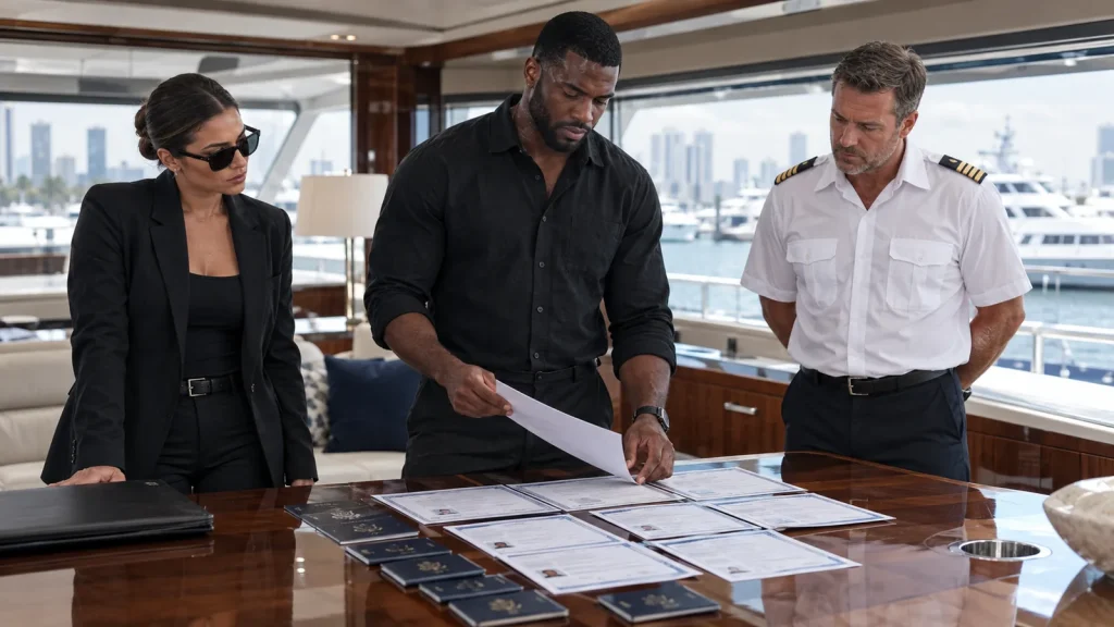Investigator reviewing crew documents aboard a yacht in Miami