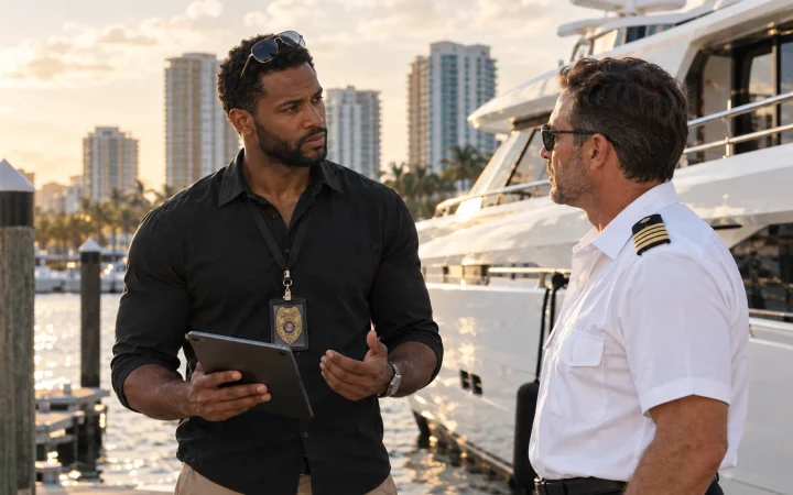 Investigator meeting a yacht captain on the dock during a maritime investigation in Fort Lauderdale