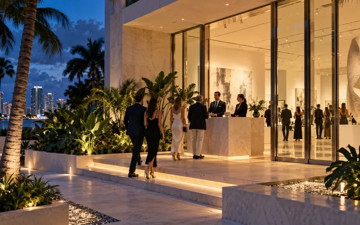 Guests arriving at a contemporary Miami-style gallery with a staffed reception