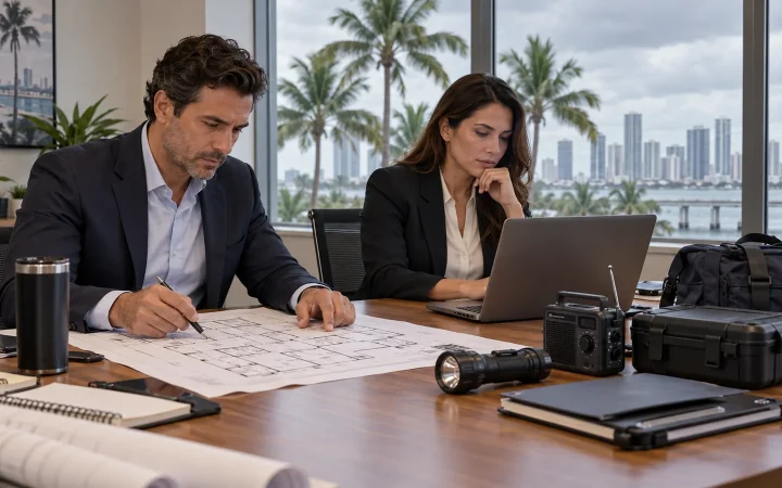 A Miami business team reviewing a preparedness plan inside an office before storm season