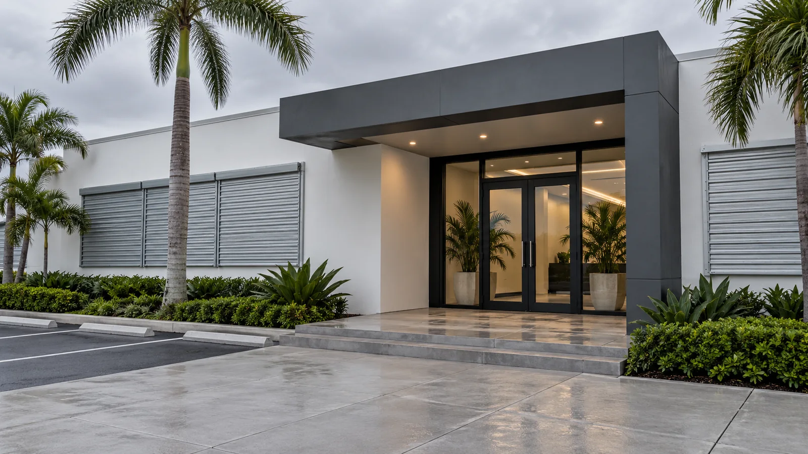 A closed commercial entrance with secured exterior furniture before worsening weather