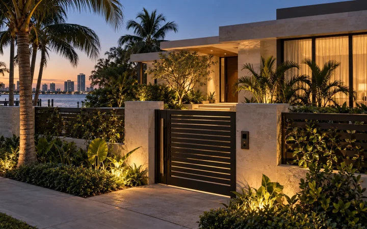 A softly lit South Florida residence with a closed gate and maintained landscaping