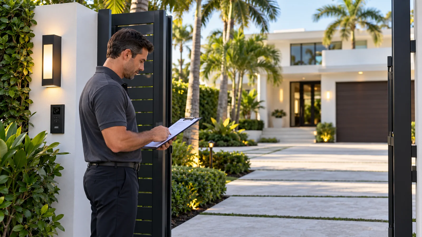 A property manager reviewing a visit checklist at a residential entry