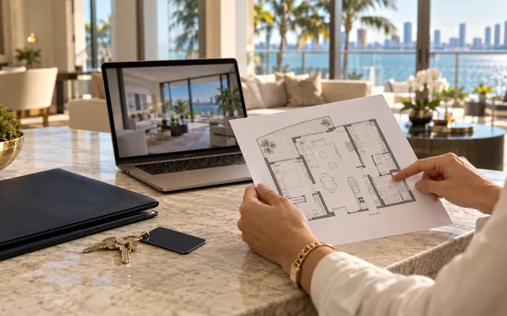 Rental documents and keys being reviewed in a Miami-style waterfront apartment