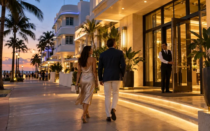 Travelers approaching a warmly lit Miami-style hotel entrance at dusk