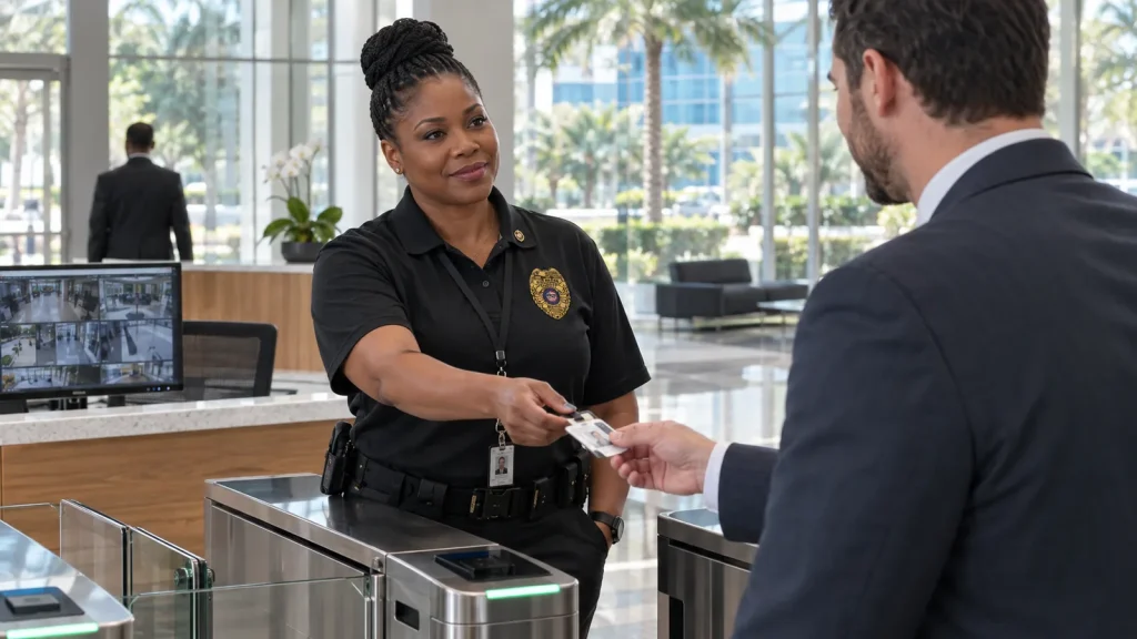 FSO Guard access control officer at the turnstiles of a corporate headquarters lobby in Miramar, FL FSO Guard access control officer at the turnstiles of a corporate headquarters lobby in Miramar, FL