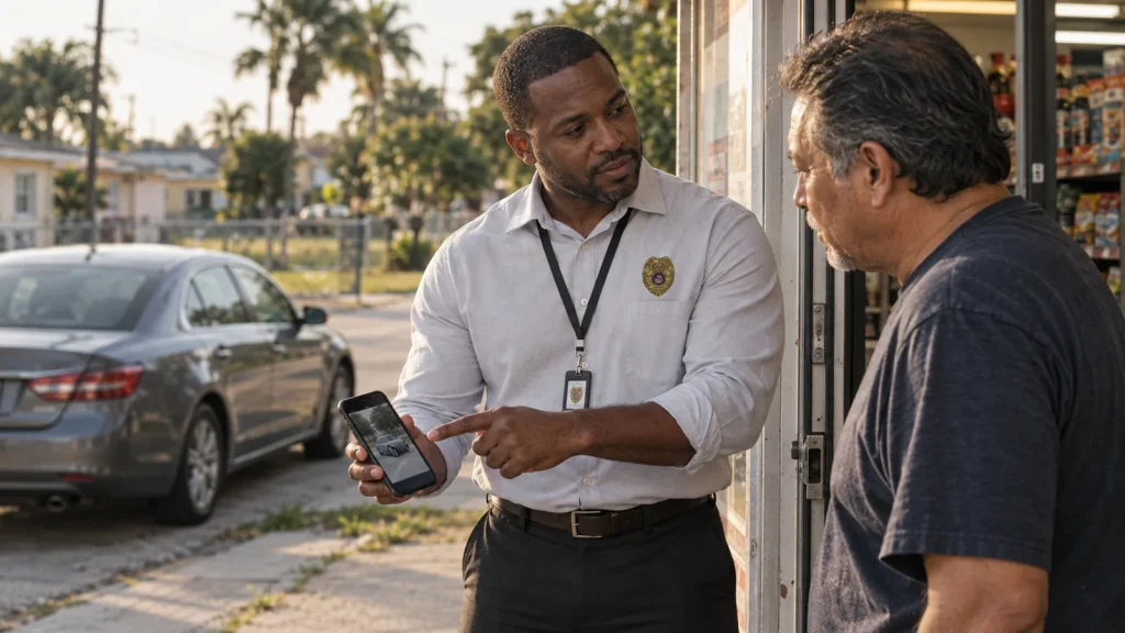 FSO Guard investigator canvassing a Florida neighborhood with a photo of a missing person