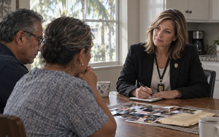 FSO Guard investigator interviewing a family about a missing relative at their kitchen table in Florida