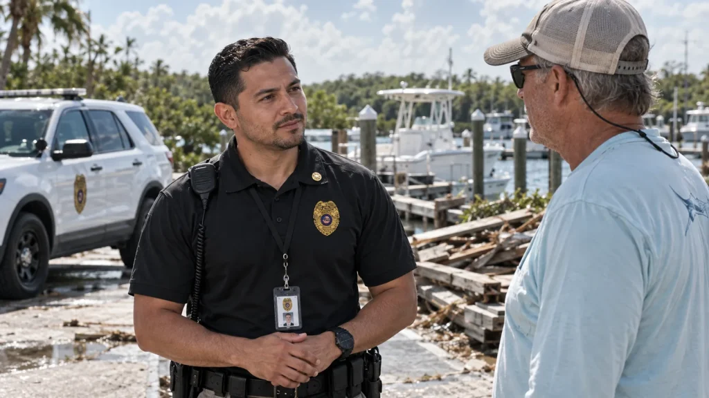 FSO Guard officer speaking with a boat owner at a Marco Island marina during post-storm security coverage