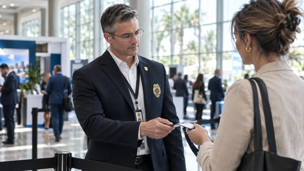 Security agent checking credentials at a trade show entrance in Orlando