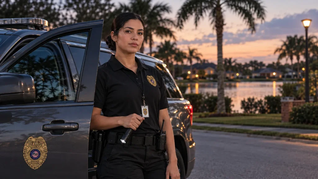 Mobile patrol officer beside a patrol SUV in a residential neighborhood in Orlando at dusk