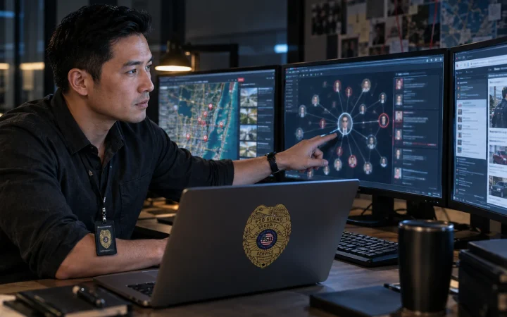OSINT investigator analyzing online accounts and connections at a workstation in Miami