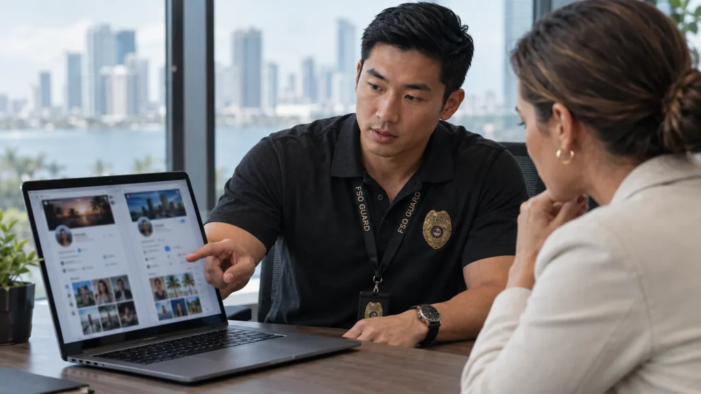 Investigator showing a client a fake profile analysis in Miami