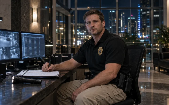 Overnight security guard at a Miami office lobby desk at night