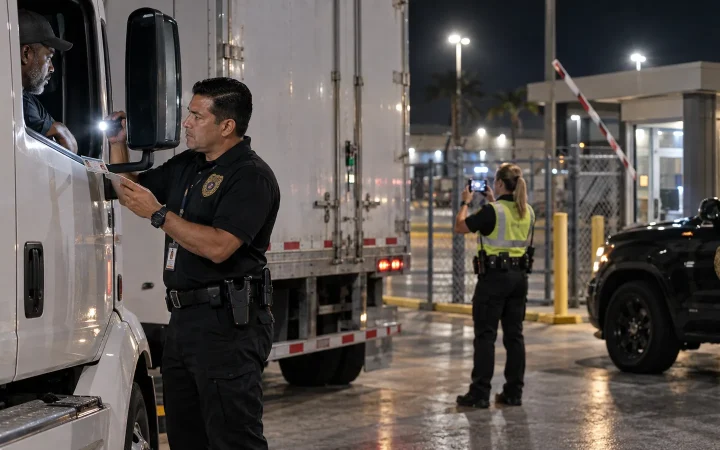 Armed FSO Guard officer checking a truck driver ID at the night gate of a Doral logistics warehouse while a second officer photographs the trailer seal