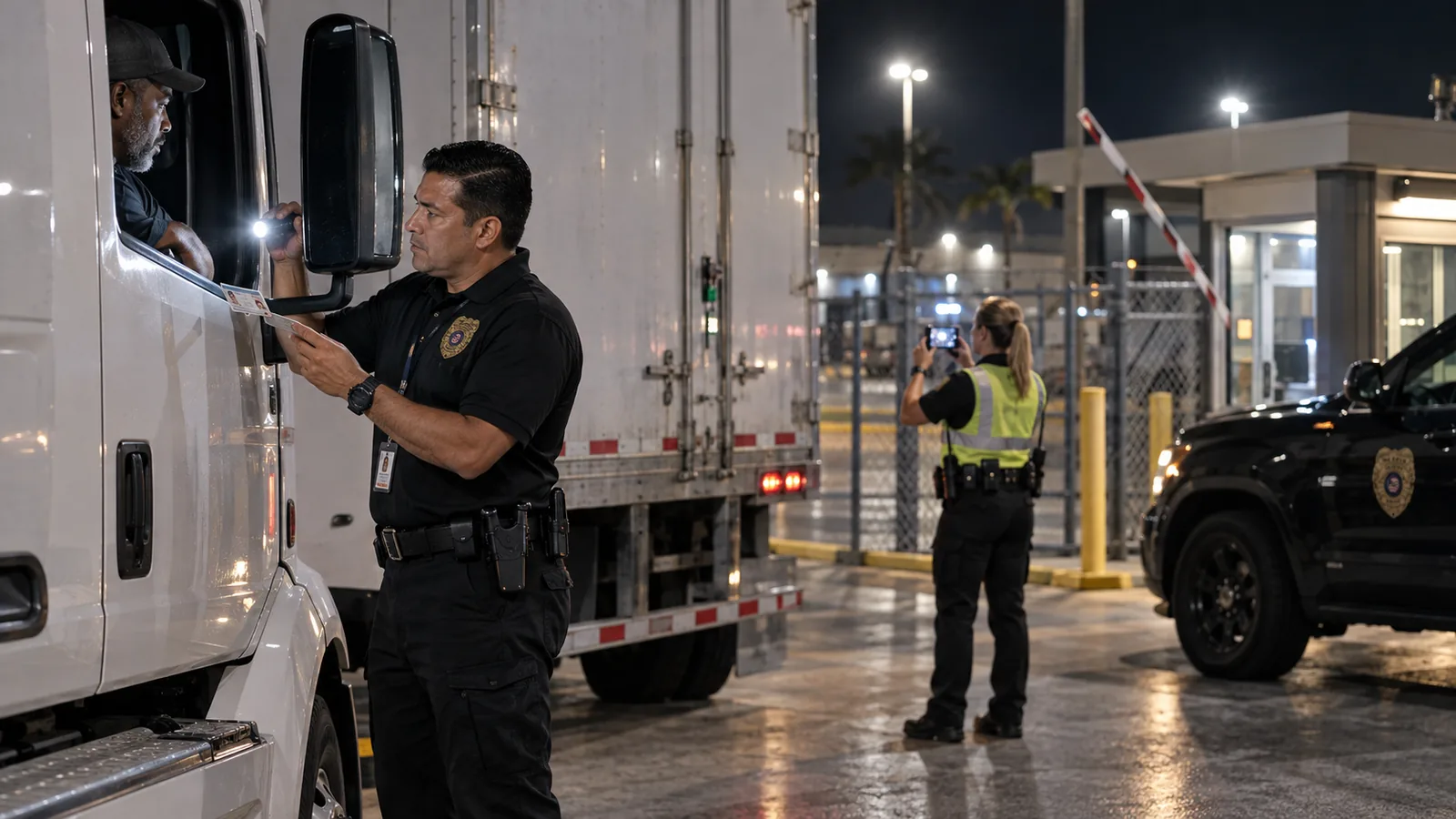 Armed FSO Guard officer checking a truck driver ID at the night gate of a Doral logistics warehouse while a second officer photographs the trailer seal
