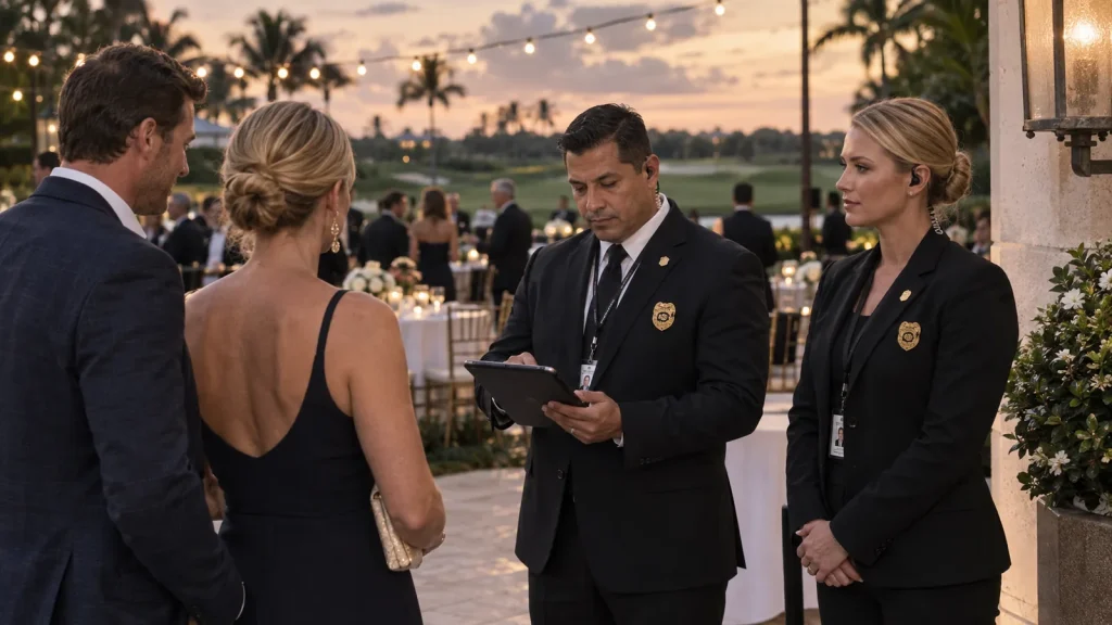FSO Guard event security officers at the entrance of a charity gala on a country club terrace in Palm Beach Gardens