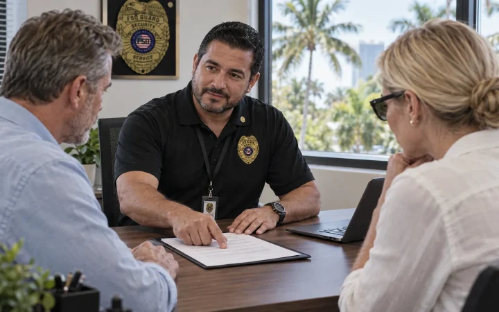 FSO Guard supervisor walking a client through a written personal security proposal in Hollywood, FL