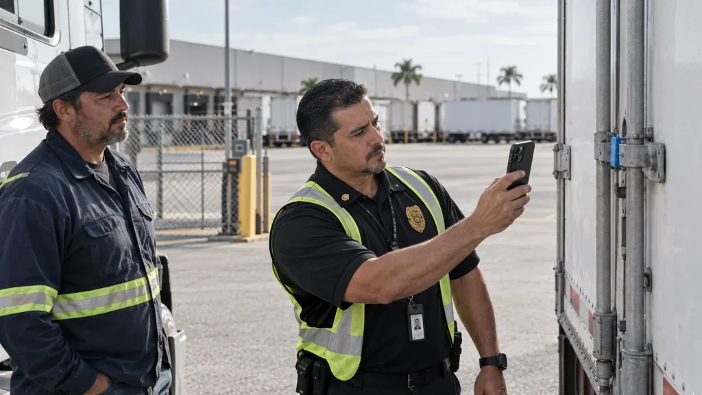 FSO Guard officer photographing a trailer seal at the truck gate of an industrial park in Pompano Beach