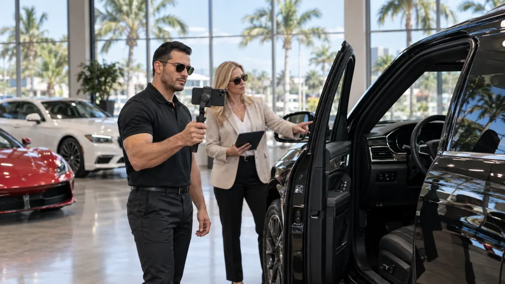 Royal Motors Club sales manager filming a video walk-around of a pre-owned luxury SUV for a remote buyer in the Hollywood, Florida showroom