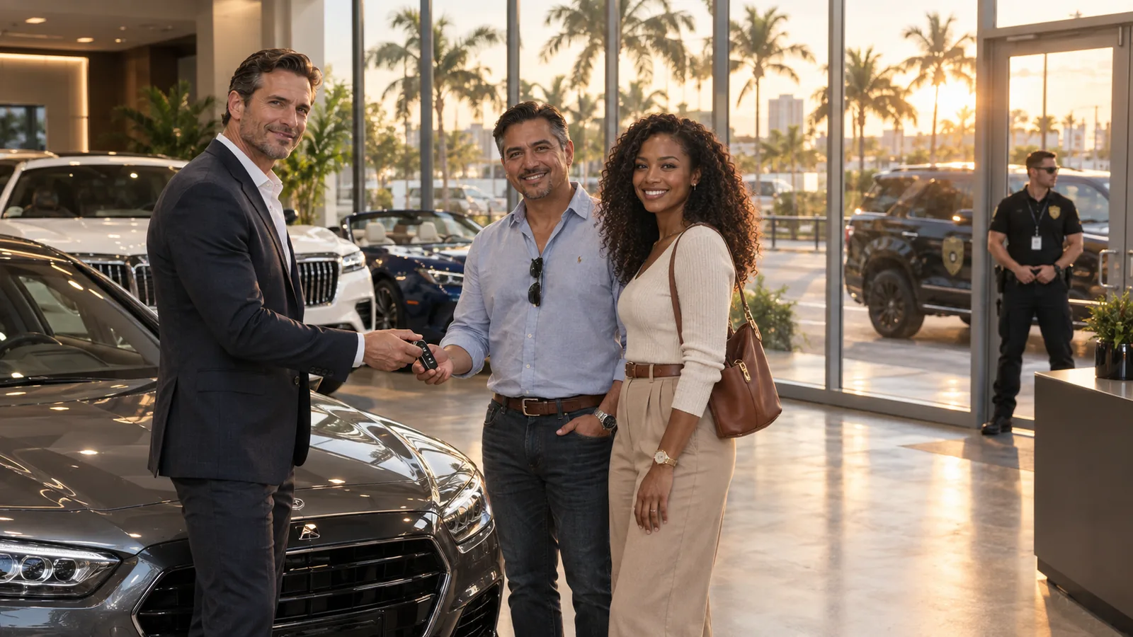 Royal Motors Club dealer handing over the keys to a pre-owned luxury sedan in a Hollywood, Florida showroom while an FSO Guard officer covers the entrance