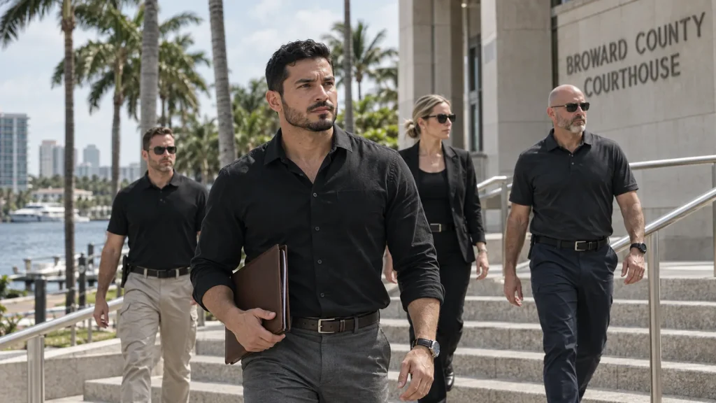Private investigator leaving the Broward County courthouse in Fort Lauderdale