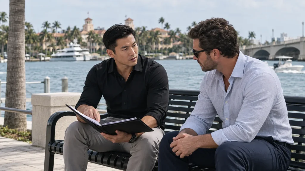 Private investigator meeting a client on the West Palm Beach waterfront