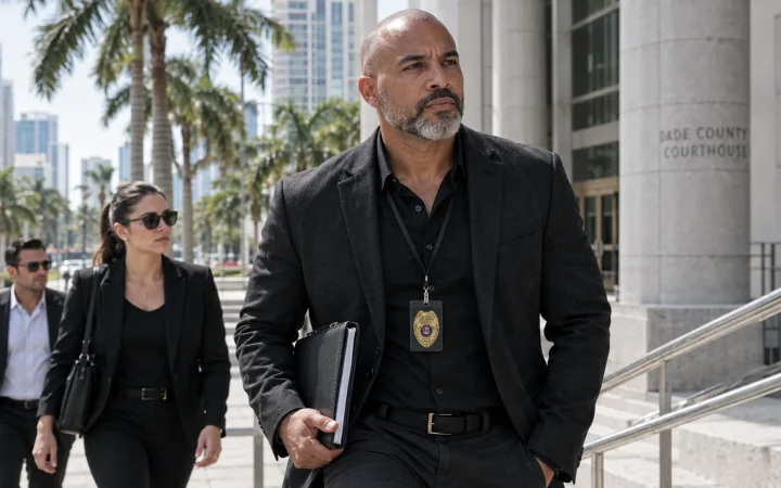 Private investigator at a Miami courthouse with case documents