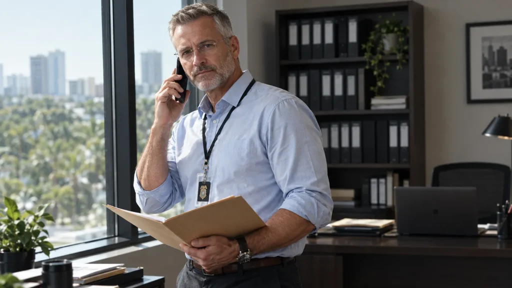 Private investigator on a phone call with case files in a Florida office