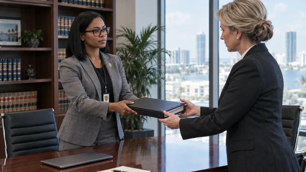 Private investigator delivering a case report to an attorney in a Florida law office