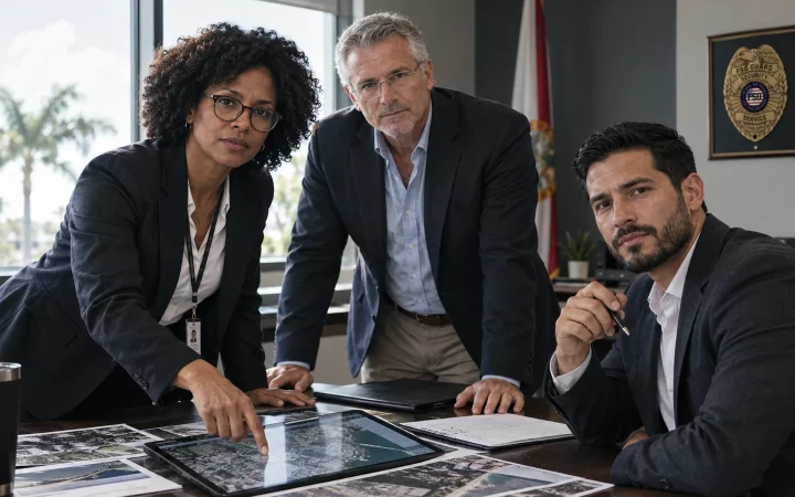 Team of private investigators planning a statewide case in a Florida agency office