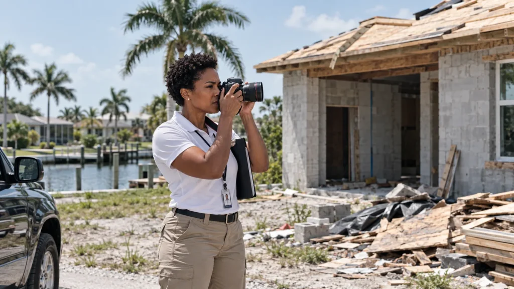 Private investigator documenting an abandoned renovation for a contractor fraud case in Fort Myers