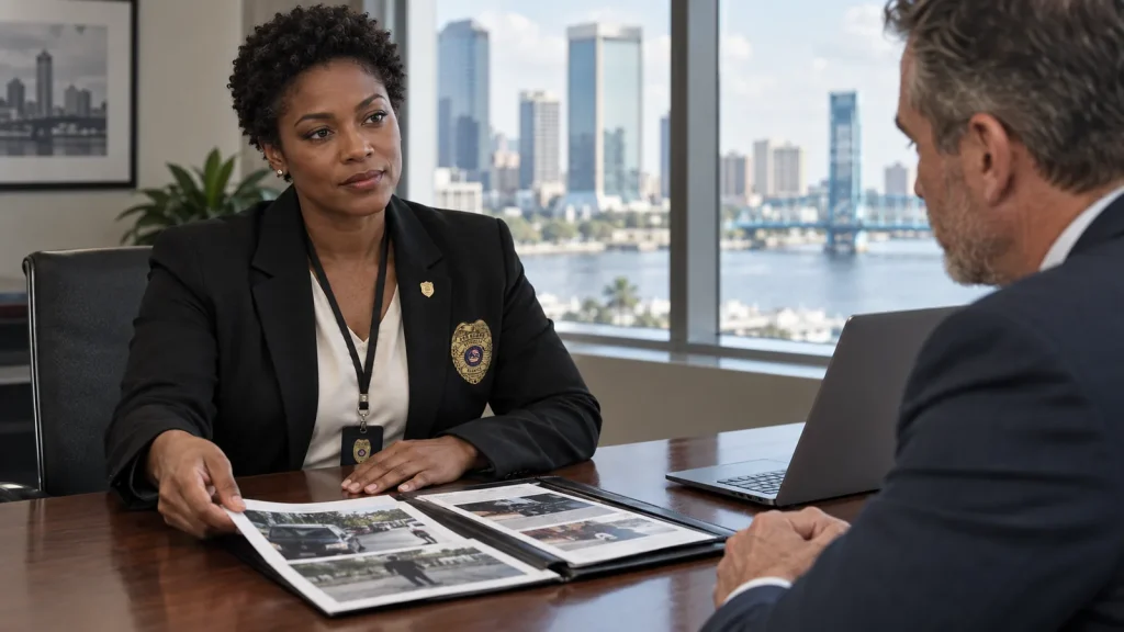 Private investigator reviewing a case report with an attorney in a Jacksonville law office Private investigator reviewing a case report with an attorney in a Jacksonville law office