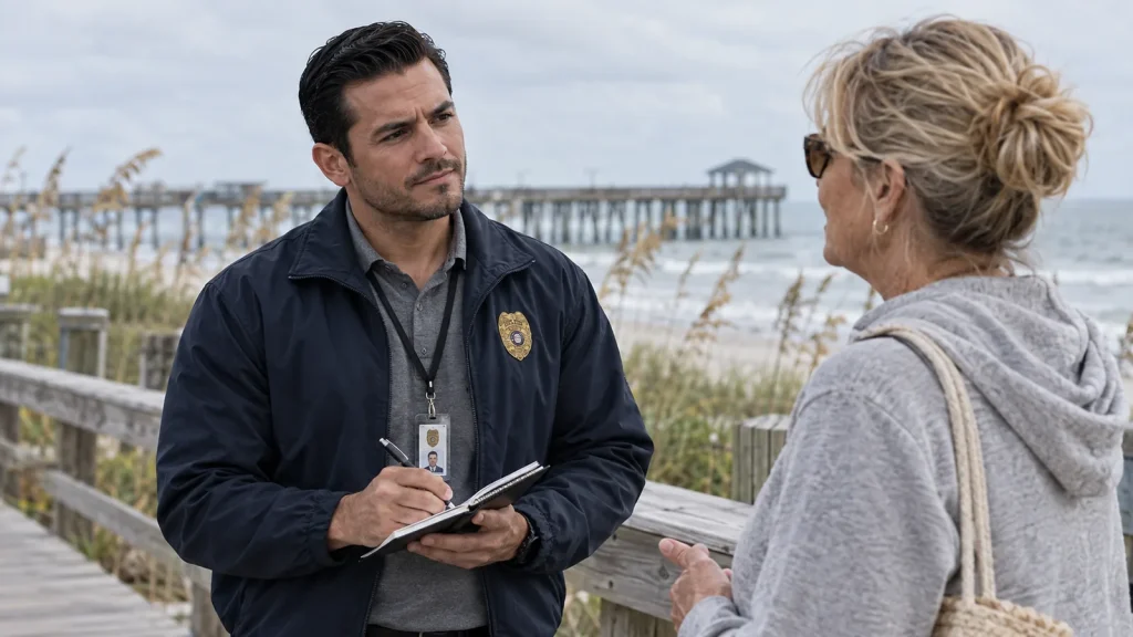 Private investigator interviewing a witness on the boardwalk at Jacksonville Beach Private investigator interviewing a witness on the boardwalk at Jacksonville Beach