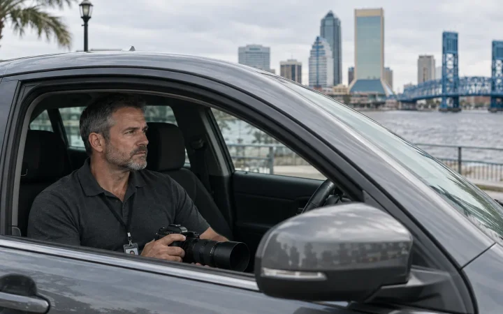 Private investigator conducting surveillance from a parked car near the riverfront in Jacksonville