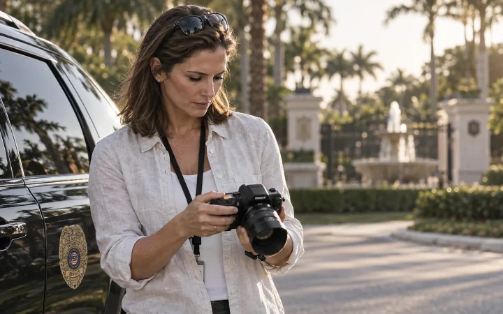 Private investigator reviewing surveillance photos outside a gated community in Naples, Florida