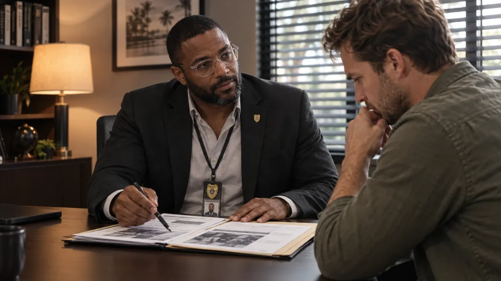Private investigator reviewing case records with a client in an Orlando office Private investigator reviewing case records with a client in an Orlando office